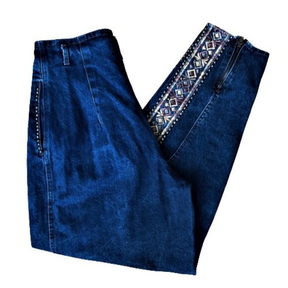 Vintage 90s very high waist baggie studs & zippers embelished denim jeans pants - Picture 11 of 16